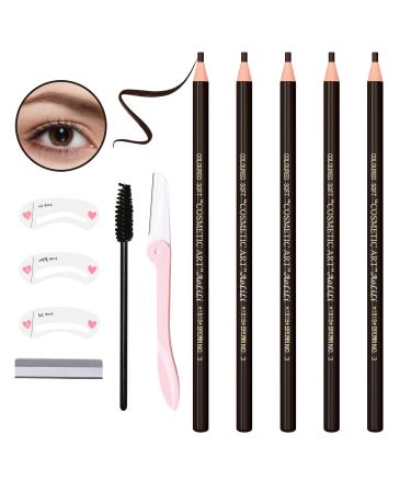 5 PCS Waterproof Eyebrows Pencil Set Microblading Brow Pencil Pen Supplies Professional Long Lasting Pull Cord Peel-off Eyebrow Pen Makeup Create Clear Natural Eyebrows Shape(Dark Brown)