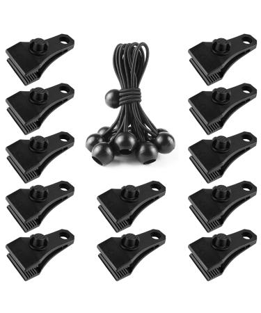 Large Tarp Clips Heavy Duty Lock Grip 12 PCs Tarp Clamps Thumb Screw Tent Fasteners Clips with 12 PCs Ball Bungee Cords for Camping Awnings Caravan Canopies Car Swimming Pool Boat Cover Clips etc Big Heavy Duty Tarp Clips