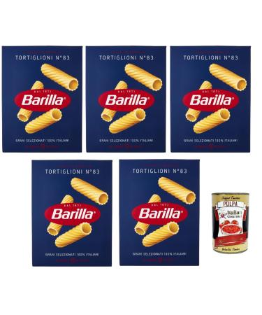 Italian Gourmet E.R. Barilla Tortiglioni No. 83 Pack of 5 100% Italian pasta made with durum wheat semolina 500g + Italian Gourmet Polpa di Pomodoro 400g can