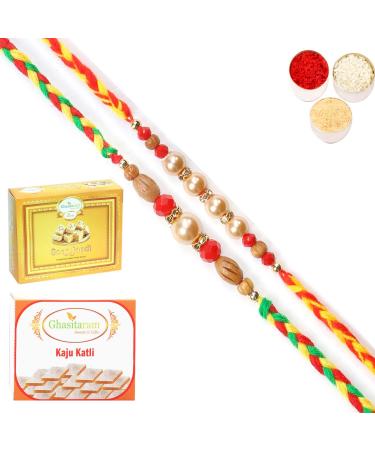 Ghasitaram Gifts Rakhi for Brother Rakhis Online - Set of 2 6431 6432 Pearl Rakhis with 200 GMS of Kaju katli and 200 GMS of Soan Papdi