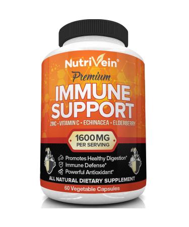 Nutrivein Immune Support - Boost Your Immune System with Elderberry Zinc Vitamin C Garlic & Echinacea Prebiotics - 1600MG Daily Dose - Supports Healthy Lifestyle and Stress Relief - 60 Capsules