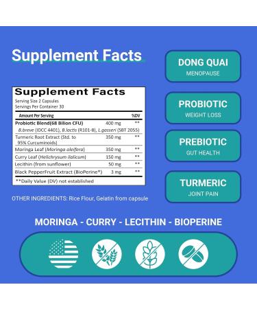 Ruolai ProBalance Probiotics for Women 68B CFU Menopause Bloat & Belly Support Turmeric & Moringa Digestive & Joint Health 60 Capsules - Buy Online on GoSupps.com