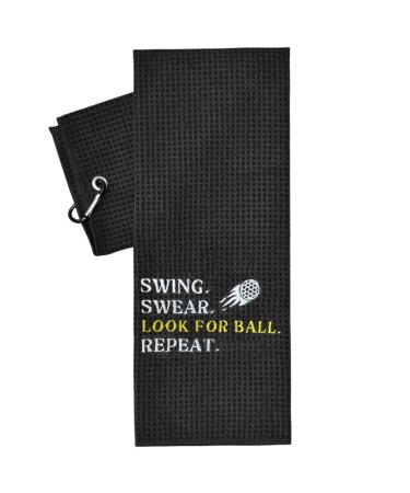Artpreti Golf Towels, Premium Funny Golf Towel - Embroidered Golf Towels for Golf Bags with Clip, Golf Gifts for Men or Women, Swing Swear Look for Ball Repeat, Black A-black- Swing Swear Look for Ball Repeat
