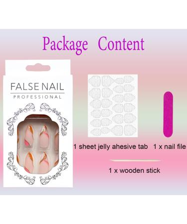 Shop Almond Press on Nails - Orange Gold Line Medium Full Cover Glossy Acrylic 24 Pcs - DIY Manicure Decoration for Women - Buy Online on GoSupps.com