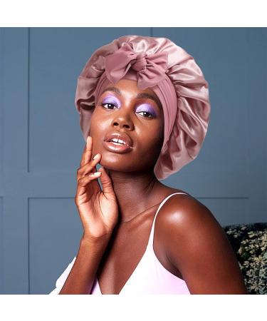 Satin Hair Bonnet for Women | Large Double Layer Silk Sleep Cap with Wide Elastic Band | Includes 45PCS Waterproof Disposable Shower Caps | Dusty Rose - Buy Online on GoSupps.com