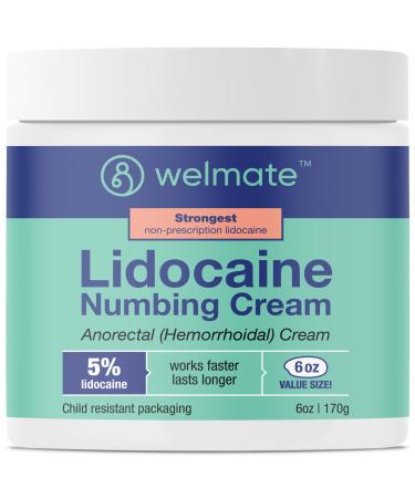 WELMATE - 5% Lidocaine Numbing Cream 6oz (170g) - Maximum Strength Lidocaine Cream - Hemorrhoid Relief - External Use Anesthetic Vitamin E - Child Resistant - Topical Skin Care 6.0 Ounce (1 pack)
