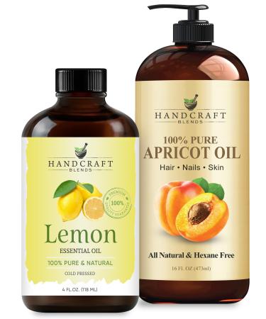 Handcraft Blends Radiant Glow Set: Apricot Kernel Oil (16 Fl Oz) and Lemon Essential Oil (4 Fl Oz) 100% Pure & Natural for Brightening Skin and Invigorating Massage