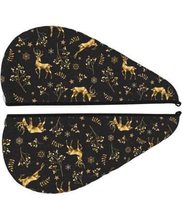 Quick-Dry Hair Towel Wrap - Buttoned Towel Turban for Fast Hair Drying | Christmas Gold Deers1 - Buy Online on GoSupps.com