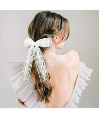 Lace Hair Bows White Hair Bows for Girls Long Tail Ribbons French Bow Clips for 90's Accessories Valentine's Day Women's Daily Wedding and Party Wear - Buy Online on GoSupps.com