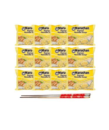 Ja Cor Instant Ramen Noodles Soup Bowl Creamy Chicken Flavor 3 oz. Bulk Cup Noodle Pack- Bundle with (1) Set of Reusable Stainless Steel Chopsticks (12 Individual Packs)