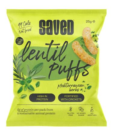 Saved Lentil Puffs - High Protein Savory Snack (25g x 18 Packs) Mediterranean Herbs (low salt) with Cricket Protein 5g Protein Per Bag
