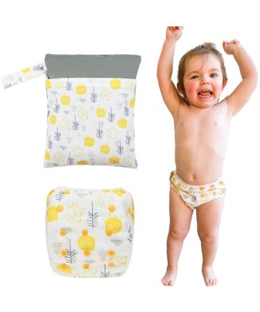 TUTTI BIMBI Reusable Baby Swim Nappy & Wet Bag Set from Newborn to 3 Years. Eco Friendly Toddler Swimming Nappy. (Yellow and Grey)