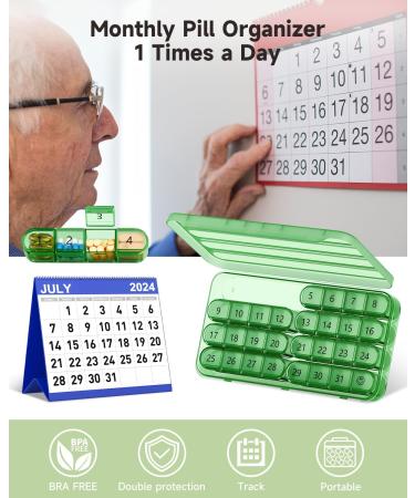 Monthly Pill Organizer - 30 Day Pill Box Once a Day Medicine Holder for Vitamins - Green Pill Case - Buy Online on GoSupps.com