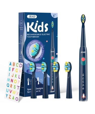 SEAGO Kids Rechargeable Electric Toothbrush with Timer and Sticker for 6+ Years, 38000 VPM, 5 Modes, 4 Replacement Heads, 60 Days Battery Life, IPX7 Waterproof(Navy)