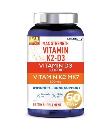 Max Strength D3 K2 Vitamin 10 000IU MK7 Complex - 250mcg MK-7 Vitamin K2 D3 Supplement - Coloring Preservative Free Immune Support Bone Health Supplements VIT D K - 2 Month 60 One-a-Day Tablets
