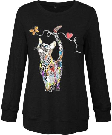 NHNKB Sweatshirt Women's Black Long Sleeve Women's Sweatshirt Cotton T-Shirt Women's with Print Cat Top Women's Black Elegant Casual Neck Shirt Women Blouse Long Sweatshirts Jumper Sleeves 5XL Black - Buy Online on GoSupps.com