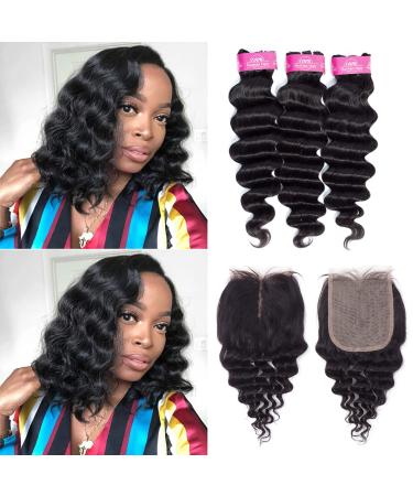 Loose Deep Wave Bundles with T Part Closure Brazilian Human Hair(10 12 14+10)Brazilian 10A Virgin Hair Bundles with Closure Loose Deep Curly Weave 3 Bundles with 4x4x1 T Part Lace Closure 70g/Bundles 10 12 14+10 T part Clo…