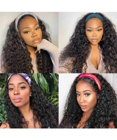 VIVIBABI Headband Human Hair Wig 10A Unprocessed Brazilian Curly Human Hair Wigs None Lace Front Wigs Water Wave 180% Density Machine Made Wigs Natural Color 20 Inch 20 Inch (Pack of 1) Headband Water Wave