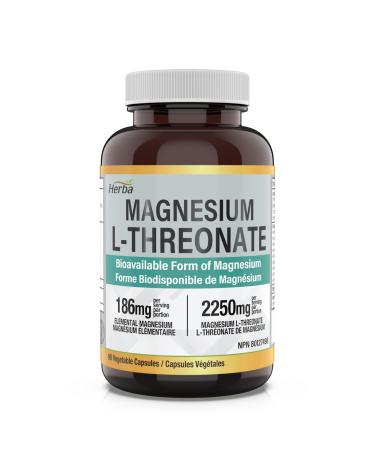 Herba Magnesium L-Threonate Supplement 2 250mg of Magnesium L Threonate Per Serving (3 Capsules) - 186mg of Elemental Magnesium | Bioavailable Form of Magnesium | 90 Vegetable Capsules | Made in Canada