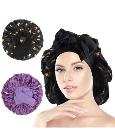 Arqumi Silk Bonnet 2PCS Large Silk Hair Wrap for Sleeping Adjustable Satin Bonnet Hair Bonnet Sleep Cap with Elastic Stay On Head for Long Curly Thick Black Hair for Women Hair Care Purple&Black A (2PCS) Pattern Black & Purple