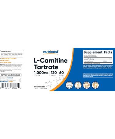 Nutricost L-Carnitine Tartrate 1000mg 120 Capsules - 500mg Per Capsule (60 Servings) 120 Count (Pack of 1) - Buy Online on GoSupps.com