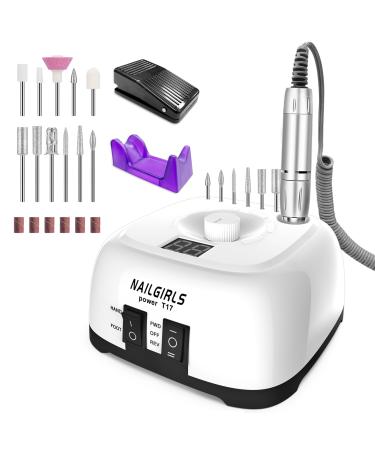 NAILGIRLS Electric Nail Drill Professional 35000RPM Electric Nail File with 11 Drill Bits 6 Sanding Bands Portable Nail File for Gel Nails Acrylic Natural Manicure Tools White