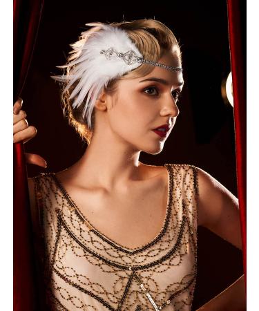 SWEETV 1920s Flapper Headband with Rhinestone Feather | Great Gatsby Hair Accessory for Women in White - Buy Online on GoSupps.com