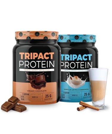 Nutrology TRIPACT Protein - Premium Nutrition Shake - Non-GMO Grass Fed Whey Protein Plant Proteins Greens Superfoods & Probiotics - 5g BCAAs - Creamy Chocolate & VanillaLatte w/Cinnamon 1.5lb Each
