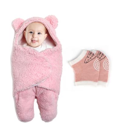 TYXHXTF Baby Hooded Swaddle Baby Sleeping Bag Newborn Plush Wrap Baby Swaddle Blanket Wraps for 0-3 Months Receiving Blanket Fleece Sleeping Bag Baby Clothes for Boys Girls (S Pink)