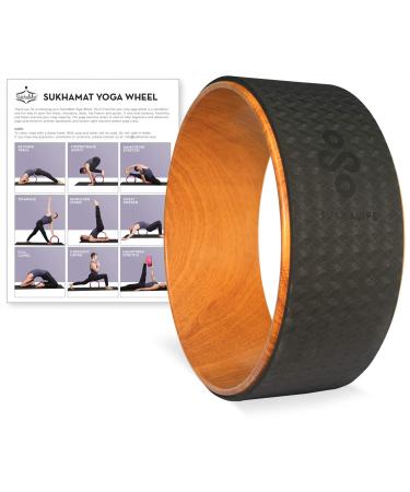 SukhaMat Yoga Wheel - Pro - 12.5" x 5" Yoga Prop Wheel for Deeper Poses, Relieve Back Pain, Stretching, New! Online Video Yoga Wheel Classes & Printed Guide WoodGrain/Black