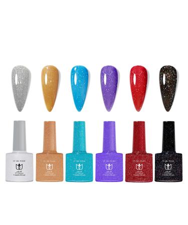 6 Colors Gel Nail Polish Set Glitter Gel Nail Polish Set Colorful Glitter Nail Polish Gel Soak Off LED Gel Nail Kit - Holiday Manicure Nail Art Gift for Women Girls DIY Home