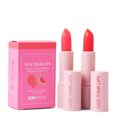 Watermelon Tinted Lip Balm and Strawberry Sugar Lip Scrub Stick Duo by Lick Your Lips - for Lip Repair Deep Hydration and a Soft Radiant Pout