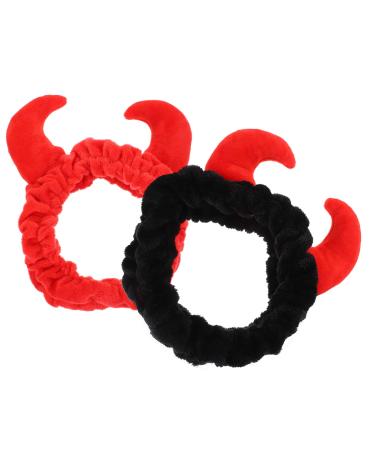 Minkissy 2pcs make-up hair band Teufel horn headband soft bathroom shower headbands HairlaCe headwraps for face washing shower spa (red black) as shown