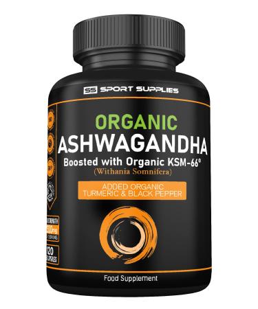 Organic Ashwagandha Capsules 1200mg Boosted with 100mg of Organic KSM-66 with 5% Withanolides with Added Organic Turmeric 200mg and Organic Black Pepper - Providing 1500mg Per Serving