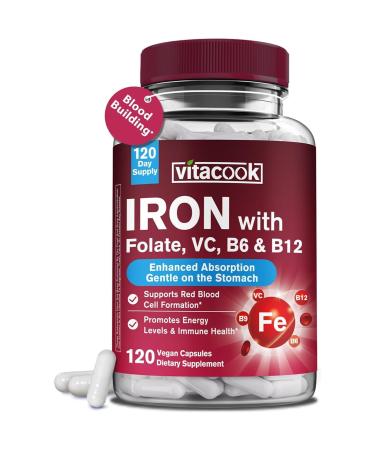 Iron Supplement for Women & Men, Iron Bisglycinate with Vitamin C, B6, B12, Folate, Stomach Friendly, Non-Constipating, Blood Health & Energy Boost, 120 Vegan Caps 120 Count (Pack of 1)