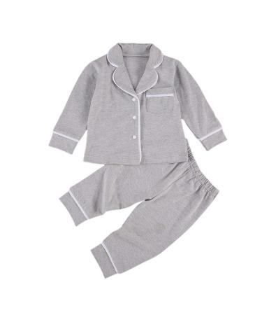 Kids Baby Boy Girl Cotton Pajamas Set PJS Long Sleeve Button Down Sleepwear 2 Piece Tops Pants Nightwear Homewear 12-18 Months Solid Grey