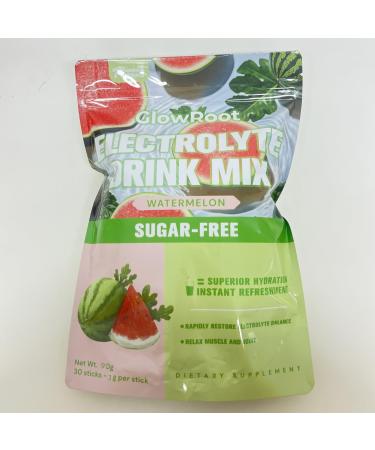 GlowRoot Electrolyte Drink | Zero Sugar Electrolytes Powder | Travel Essentials Single Serve Packets | Non-GMO | Watermelon Flavor Electrolyte Powder 30 Stickpacks * 3g - 90g