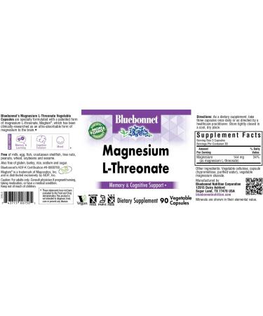 Bluebonnet Nutrition Magnesium L-Threonate 90 Vegetable Capsules - Cognitive Function, Mood Support - Soy-Free, Gluten-Free, Non-GMO, Dairy-Free, Kosher, Vegan - 30 Servings - Buy Online on GoSupps.com