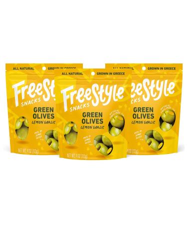 Freestyle Snacks Olive Snack Packs - Fresh Pitted Green Olives, Jumbo-Sized, Grown in Greece, All Natural, Non-GMO, Paleo, Sugar-Free, Keto Snacks, Low Calorie Snacks - Lemon Garlic, 4oz (3 Pack)