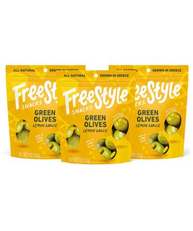Freestyle Snacks Olive Snack Packs - Fresh Pitted Green Olives, Jumbo-Sized, Grown in Greece, All Natural, Non-GMO, Paleo, Sugar-Free, Keto Snacks, Low Calorie Snacks - Lemon Garlic, 4oz (3 Pack) - Buy Online on GoSupps.com