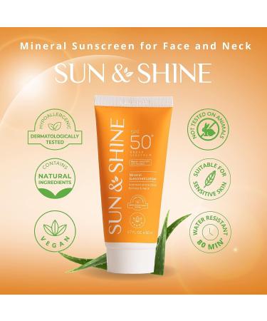 SUN & SHINE Mineral Sunscreen Lotion SPF50 1.7 Oz - Broad Spectrum UVA UVB Protection for Face & Neck - Zinc Oxide Sunburn Cream for Sensitive Skin - Buy Online on GoSupps.com