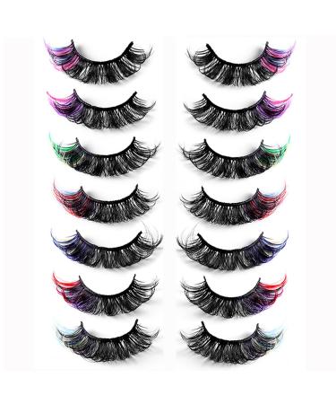 Echpzed 7 Pairs Colorful Dramatic False Eyelashes 3D Fluffy Faux Mink Dramatic Eye Lashes 21MM D Curl Long False Eyelashes For Party Club Dating