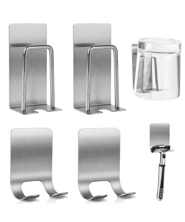 4PCs Set Razor holder Shower without Wookiwuki 2PCs Razor blade holder hooks and 2PCs cup holder stainless steel sticky razor hinge wall self -adhesive toothpaste holder for bathroom kitchen organize