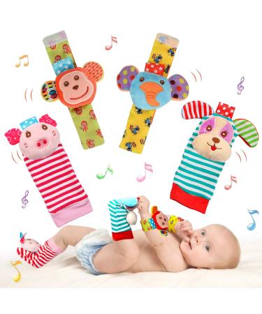 Soft Baby Rattle Toys, Wrist Rattle Foot Sock Rattles, Hand Arm Leg Ankle Handheld Rattles for Infants, Sensory Plush Animal Toys for Newborn Baby Girls and Boys (A4)