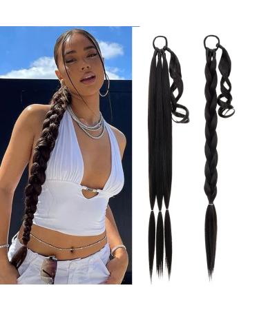 MY-LADY Long DIY Braided Ponytail Extension with Elastic Tie Straight Wrap Around Braid Hair Extensions Pony Tail Soft Synthetic Hairpiece for Women 34 inch Dark Brown