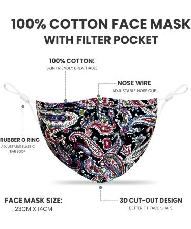 Washable 3-Layer Cotton Face Masks with Nose Wire for Glasses Wearers | Reusable & Breathable | Filter Pocket & Adjustable Loops (2-Pack, Floral - Q) - Buy Online on GoSupps.com