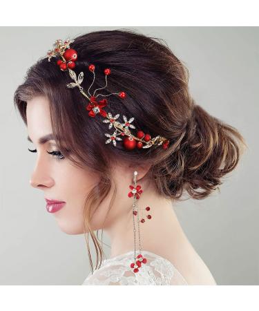 Drokit Red Flower Tiara Bridal Headpiece and Earrings Set - Wedding Hair Jewelry and Accessories - Buy Online on GoSupps.com