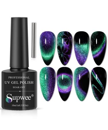 Supwee Green and Purple 9D Cat Eye Gel Nail Polish Chameleon Magnetic Nail Polish Gel Multiple Cat Eye Effect with Magnetic Stick Varnish Nail Polish UV/LED Lamp Cure Required 10ML(0.33FL OZ) 9DMY001