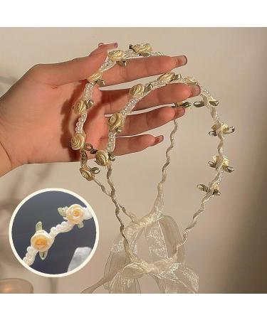 Bride Headband White Rose Pearl Hair Bands Bridal Wedding Elastic Padded Headbands with Ribbon Bridesmaid Elegant Tiara Hair Accessories for Women & Girls Thin Non-slip Hairband - Buy Online on GoSupps.com