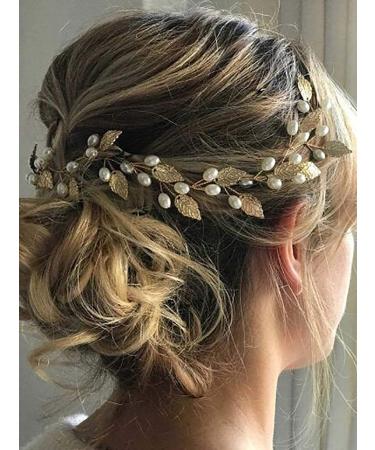 Prosy Bridal Jewelry - Gold Hair Vine with Leaves & Pearls | Elegant Headdress & Hair Accessories for Weddings - Buy Online on GoSupps.com